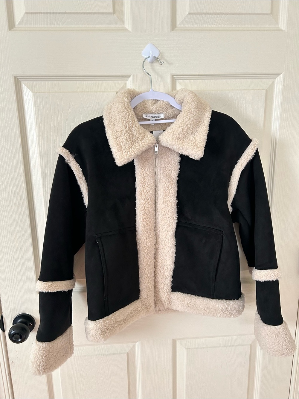 NWT Pretty Garbage Black Jacket with Cream Faux-Shearling Trim Womens Size Small